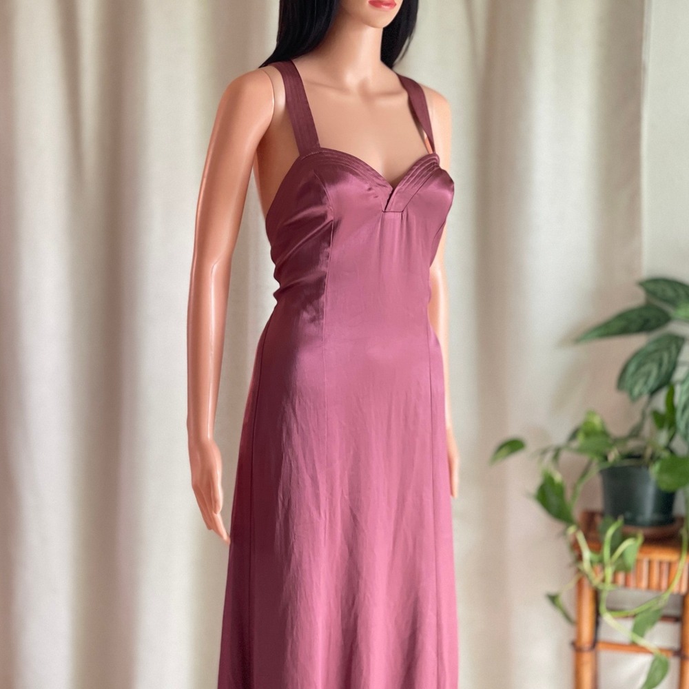 NWOT Anthropologie Cross Back Midi Dress Mauve Plum Satin Slip Open Back Size 12